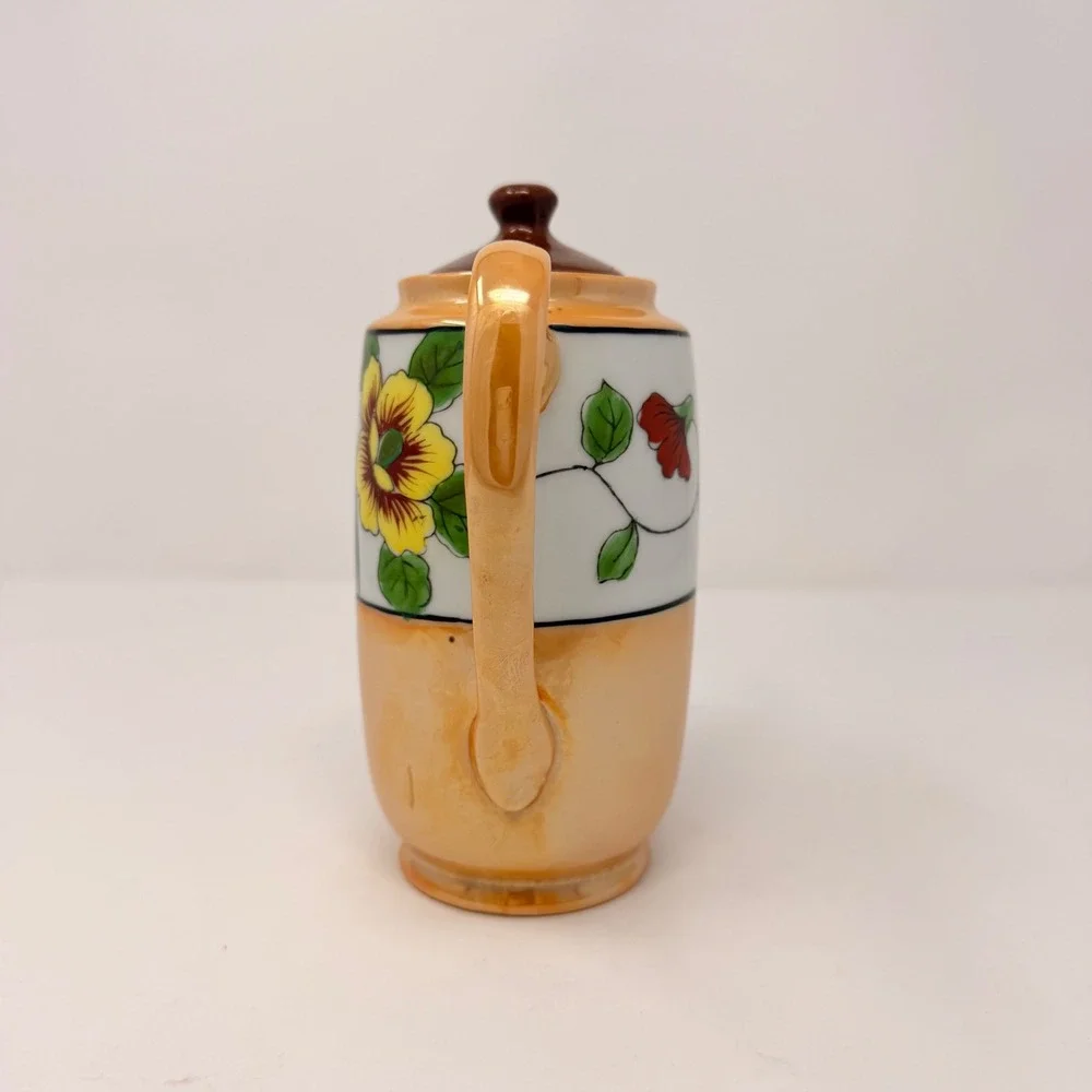 Vintage Japanese Lusterware Teapot Peach Hand Painted Parrot‎ Floral Made Japan